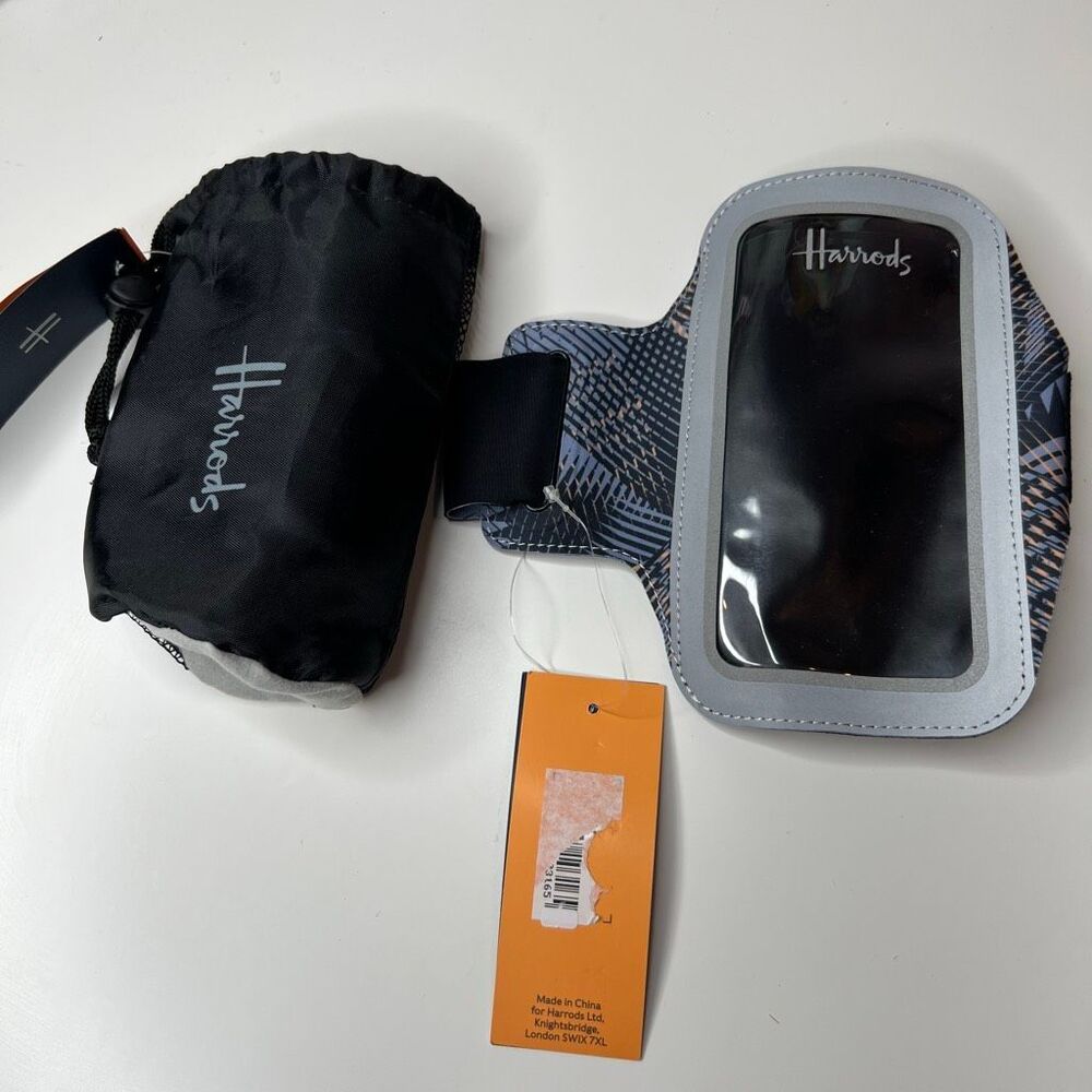 Harrods branded media armband athletic smartphone running armband featuring a bl